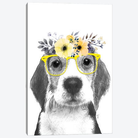 Beagle Dog With Glasses And Yellow Flower Crown Canvas Print #LIP580} by Printable Lisa's Pets Canvas Art Print