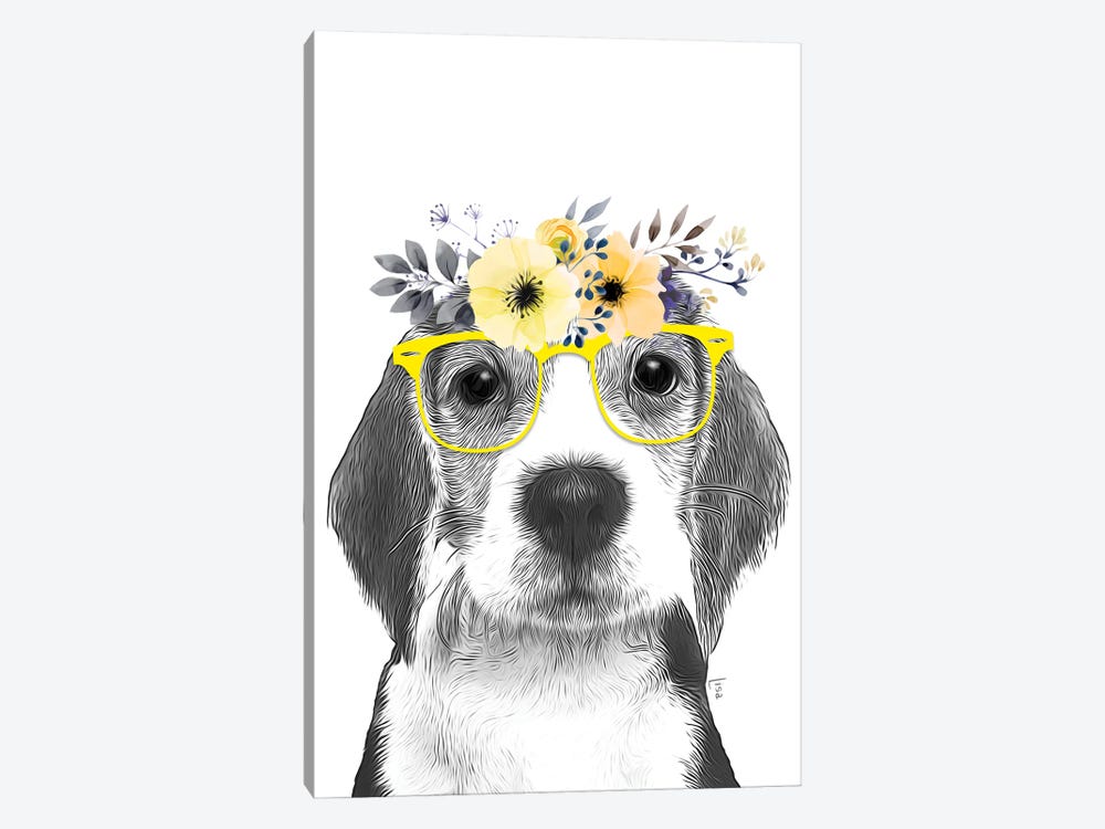 Beagle Dog With Glasses And Yellow Flower Crown by Printable Lisa's Pets 1-piece Canvas Print
