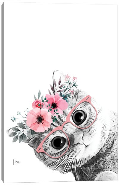 Cat With Pink Glasses And Pink Flower Crown Canvas Art Print - Printable Lisa's Pets