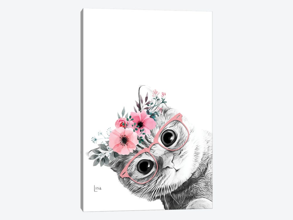 Cat With Pink Glasses And Pink Flower Crown by Printable Lisa's Pets 1-piece Canvas Wall Art