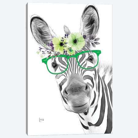 Zebra With Glasses And Green Flower Crown Canvas Print #LIP582} by Printable Lisa's Pets Canvas Art Print