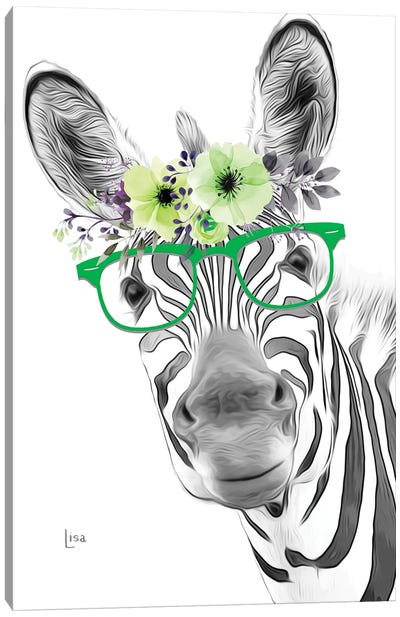 Zebra With Glasses And Green Flower Crown Canvas Art Print - Zebra Art
