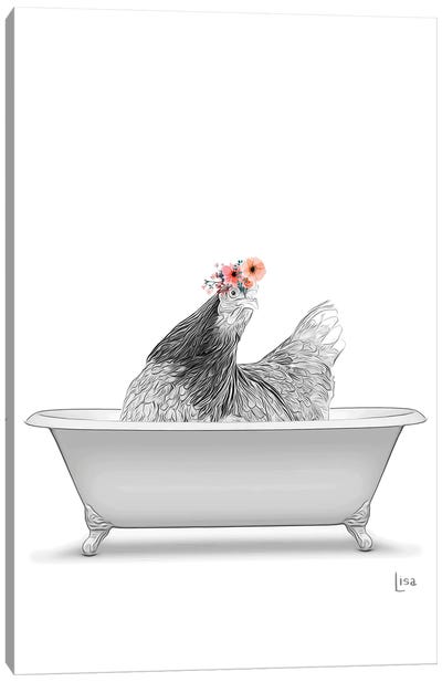 Hen, Rooster, With Flower Crown In The Bath Canvas Art Print - Chicken & Rooster Art