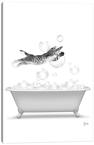 Cat Diving Into The Bathtub With Bubbles Canvas Art Print - Printable Lisa's Pets