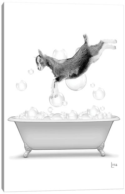 Goat Diving Into The Bathtub With Bubbles Canvas Art Print - Goat Art