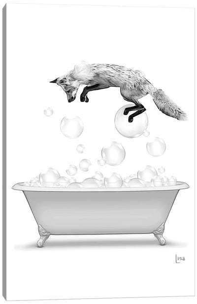 Fox Diving Into The Bathtub With Bubbles Canvas Art Print - Fox Art
