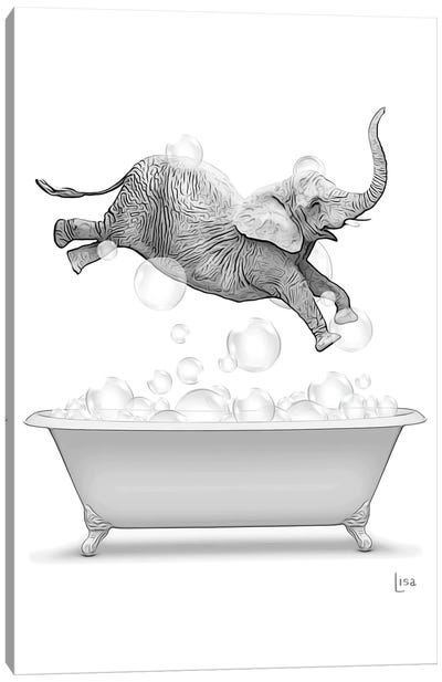 Elephant Diving Into The Bathtub With Bubbles Canvas Art Print - Printable Lisa's Pets