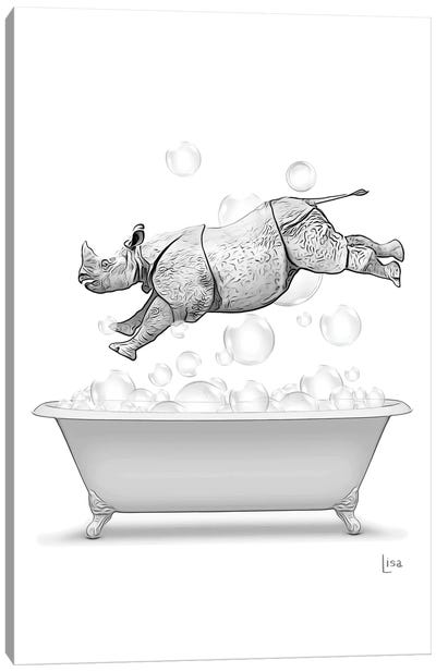 Rhinoceros Diving Into The Bathtub With Bubbles Canvas Art Print - Rhinoceros Art