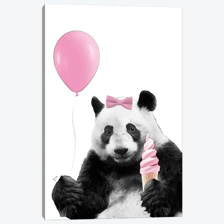 Cute Panda With Pink Balloon, Pink Ice Cream And Pink Bow Canvas Print #LIP606} by Printable Lisa's Pets Canvas Print