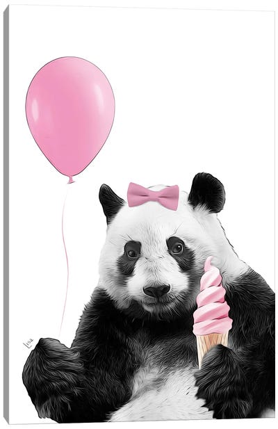 Cute Panda With Pink Balloon, Pink Ice Cream And Pink Bow Canvas Art Print - Panda Art