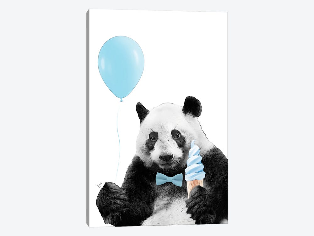 Cute Panda With Blue Balloon, Blue Ice Cream And Blue Bow For Birthday Party by Printable Lisa's Pets 1-piece Canvas Wall Art