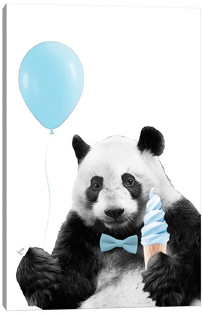 Cute Panda With Blue Balloon, Blue Ice Cream And Blue Bow For Birthday Party Canvas Art Print - Panda Art