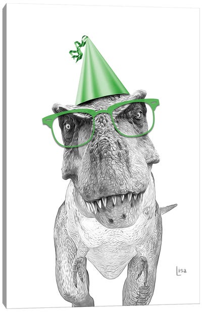 Dinosaur T-Rex With Glasses And Happy Birthday Party Hat Canvas Art Print - Tyrannosaurus Rex Art