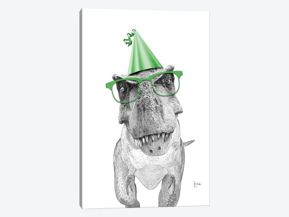 Dinosaur T-Rex With Glasses And Happy Birthday Party Hat by Printable Lisa's Pets 1-piece Canvas Print