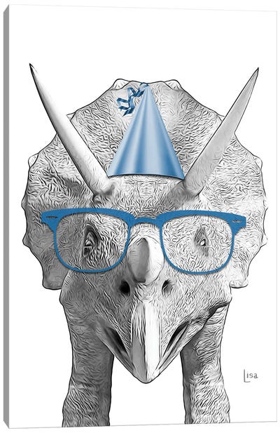 Dinosaur Triceratops With Glasses And Happy Birthday Party Hat Canvas Art Print - Prehistoric Animal Art