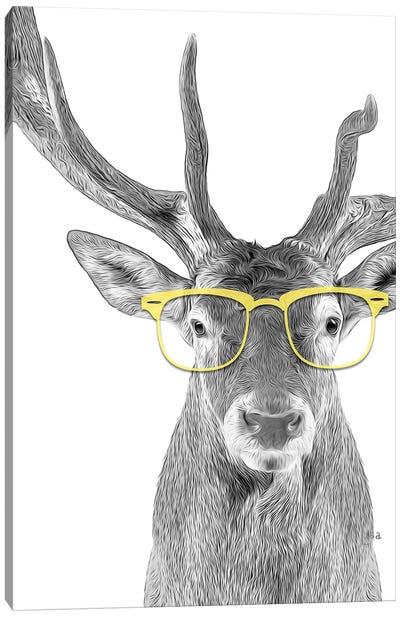 Deer With Yellow Glasses Canvas Art Print - Black, White & Yellow Art