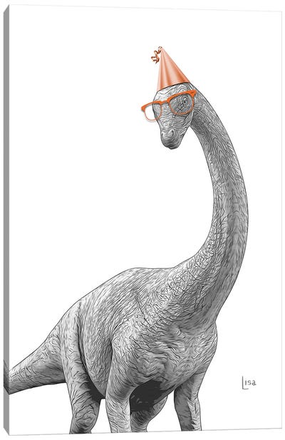 Dinosaur Apatosaurus With Glasses And Happy Birthday Party Hat Canvas Art Print - Prehistoric Animal Art