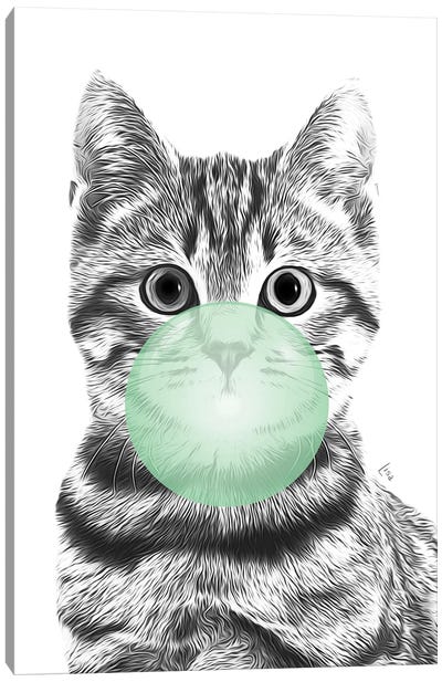 Cat With Green Bubble Gum Canvas Art Print - Tabby Cat Art
