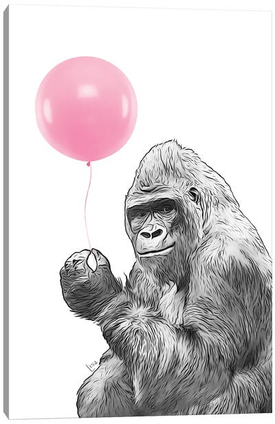 Gorilla With Pink Balloon Canvas Art Print - Gorilla Art