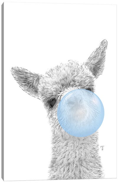 Llama, Alpaca With Blue Bubble Gum Canvas Art Print - Candy Art