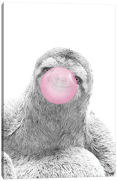 Sloth With Pink Bubble Gum Canvas Art Print - Candy Art