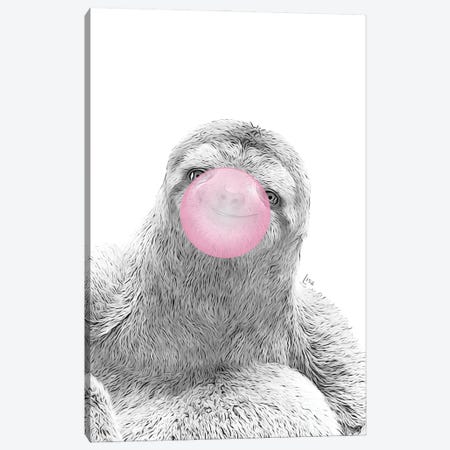 Sloth With Pink Bubble Gum Canvas Print #LIP615} by Printable Lisa's Pets Canvas Wall Art
