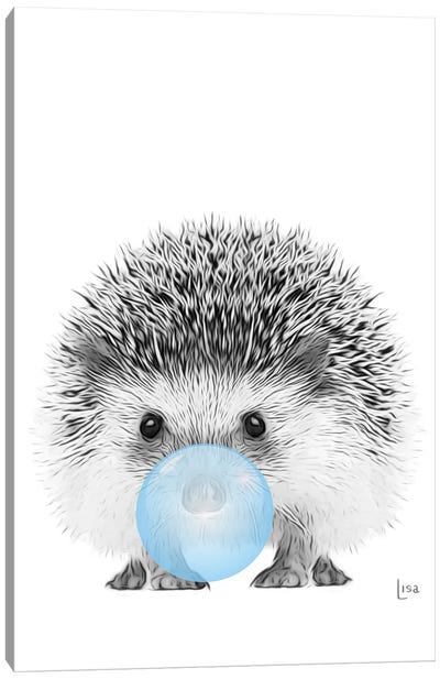 Hedgehog With Blue Bubble Gum Canvas Art Print - Black, White & Blue Art
