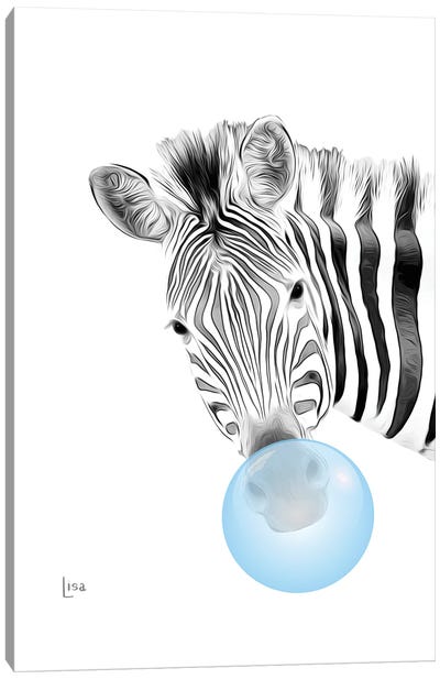 Zebra With Blue Bubble Gum Canvas Art Print - Zebra Art