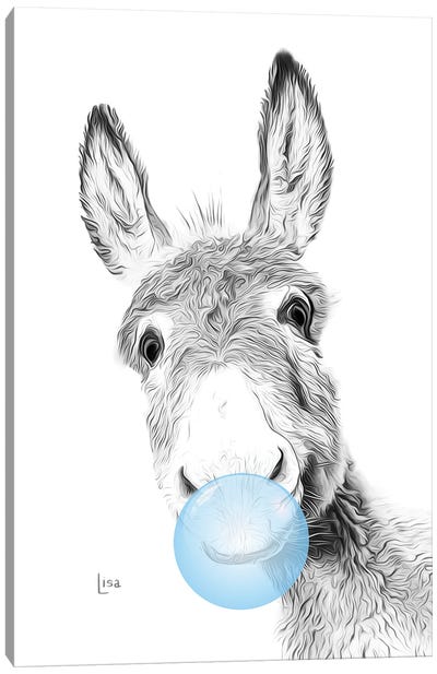 Donkey With Blue Bubble Gum Canvas Art Print - Black, White & Blue Art
