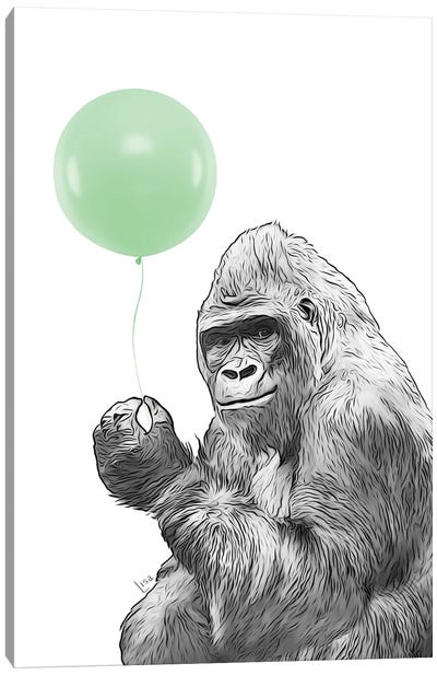 Gorilla With Green Balloon Canvas Art Print - Gorilla Art