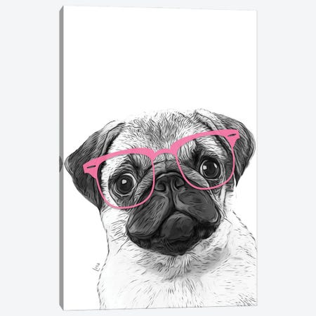 Pug With Pink Eyeglasses Canvas Print #LIP623} by Printable Lisa's Pets Canvas Art
