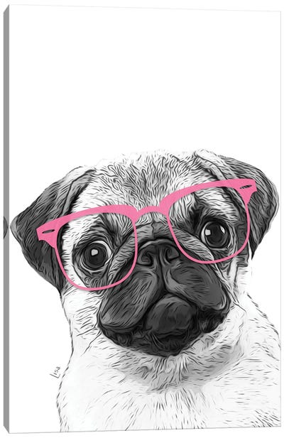 Pug With Pink Eyeglasses Canvas Art Print - Pug Art