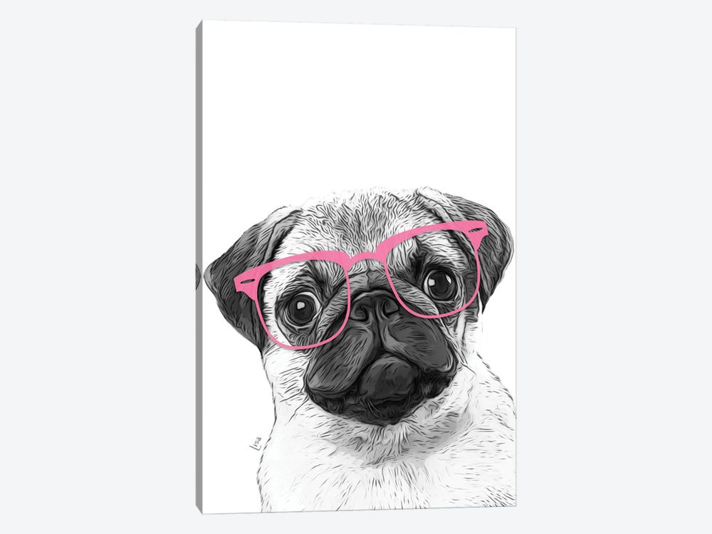 Pug With Pink Eyeglasses by Printable Lisa's Pets 1-piece Canvas Wall Art