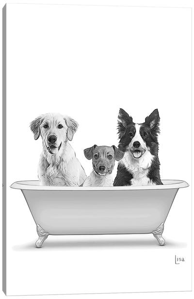 Three Dogs In The Bathtub Canvas Art Print - Australian Shepherd Art