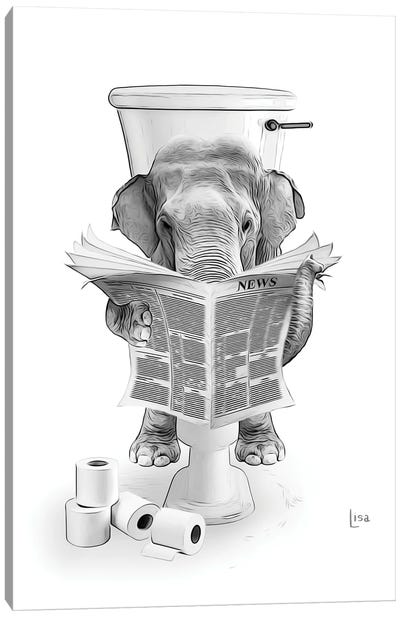 Elephant On The Toilet Reading The Newspaper Canvas Art Print - Printable Lisa's Pets