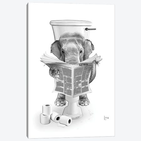 Elephant On The Toilet Reading The Newspaper Canvas Print #LIP627} by Printable Lisa's Pets Canvas Art Print