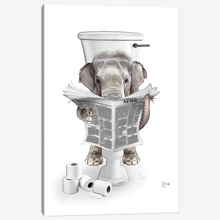 Color Elephant On The Toilet Reading The Newspaper Canvas Print #LIP628} by Printable Lisa's Pets Canvas Art