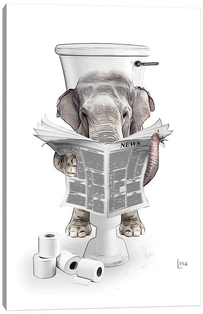 Color Elephant On The Toilet Reading The Newspaper Canvas Art Print - Reading Art