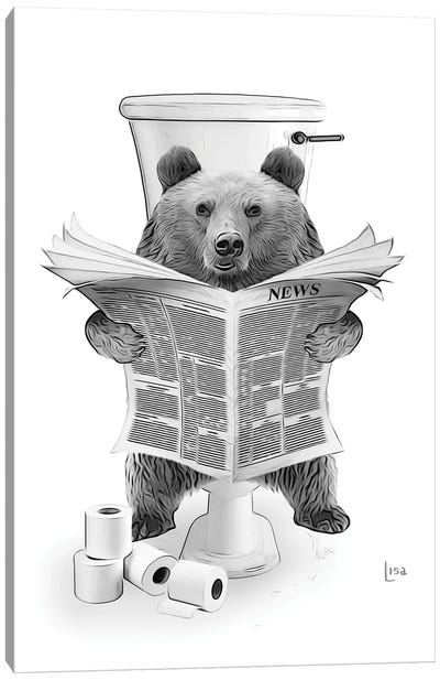 Bear On The Toilet Reading The Newspaper Canvas Art Print - Bathroom Humor Art