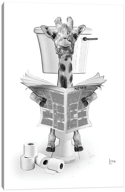 Giraffe On The Toilet Reading The Newspaper Canvas Art Print - Giraffe Art