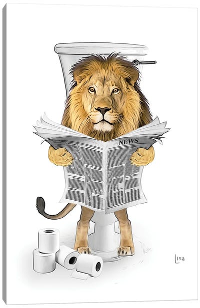 Color Lion On The Toilet Reading The Newspaper Canvas Art Print - Reading Art