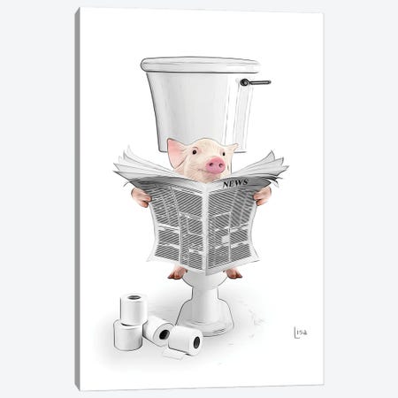 Color Pig On The Toilet Reading The Newspaper Canvas Print #LIP634} by Printable Lisa's Pets Canvas Wall Art