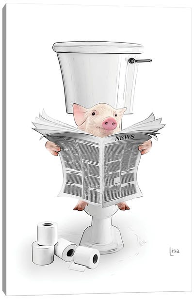 Color Pig On The Toilet Reading The Newspaper Canvas Art Print - Reading Art