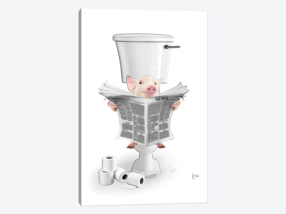 Color Pig On The Toilet Reading The Newspaper 1-piece Canvas Artwork