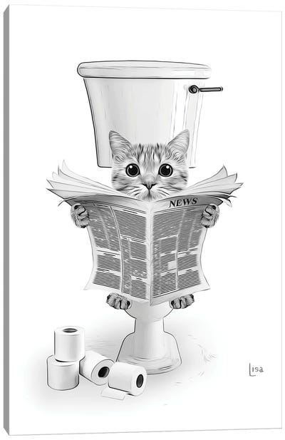 Cat On The Toilet Reading The Newspaper Canvas Art Print - Black & White Graphics & Illustrations