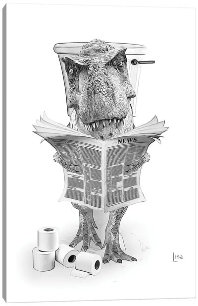 Trex On The Toilet Reading The Newspaper Canvas Art Print - Black & White Graphics & Illustrations