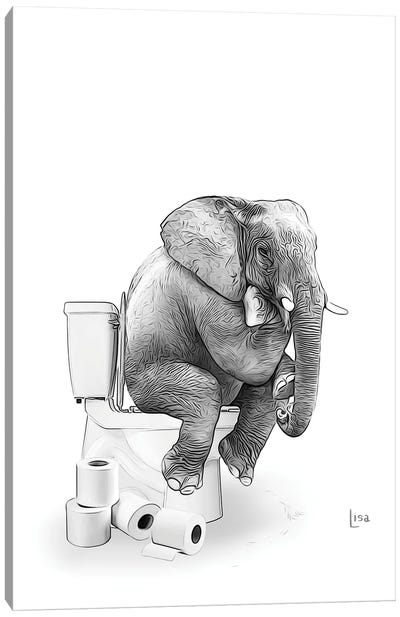 Elephant On The Toilet Canvas Art Print - Elephant Art