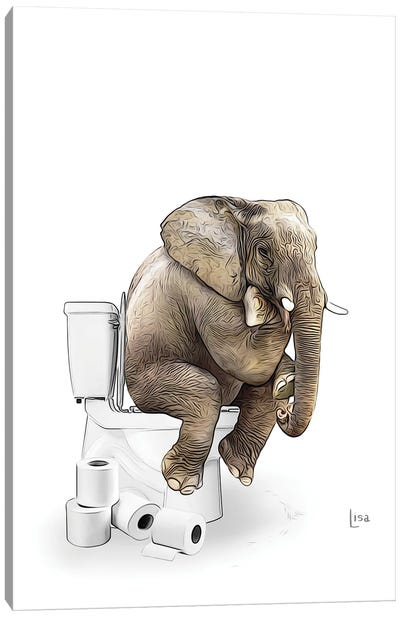Color Elephant On The Toilet Canvas Art Print - Printable Lisa's Pets