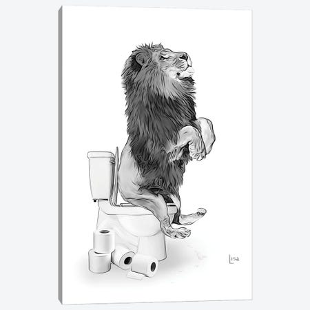 Black And White Lion On The Toilet Canvas Print #LIP641} by Printable Lisa's Pets Canvas Art