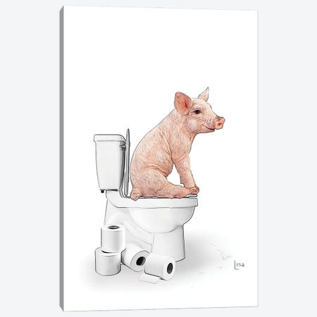 Color Pig On The Toilet Canvas Print #LIP644} by Printable Lisa's Pets Canvas Art Print